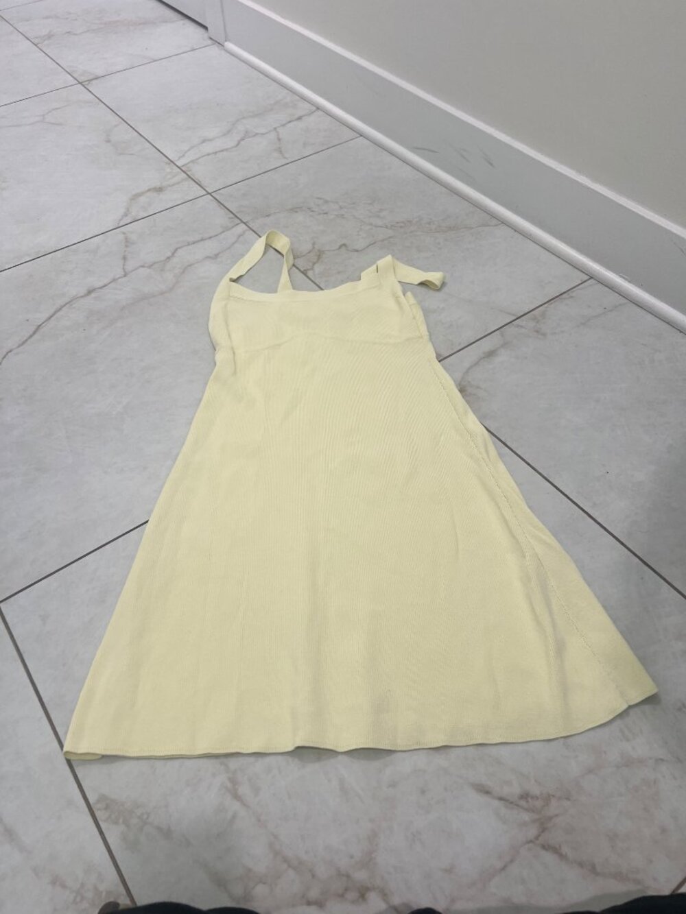 Zara Pale Yellow Ribbed Knit Open Back Tie Strap Mini Dress Size S